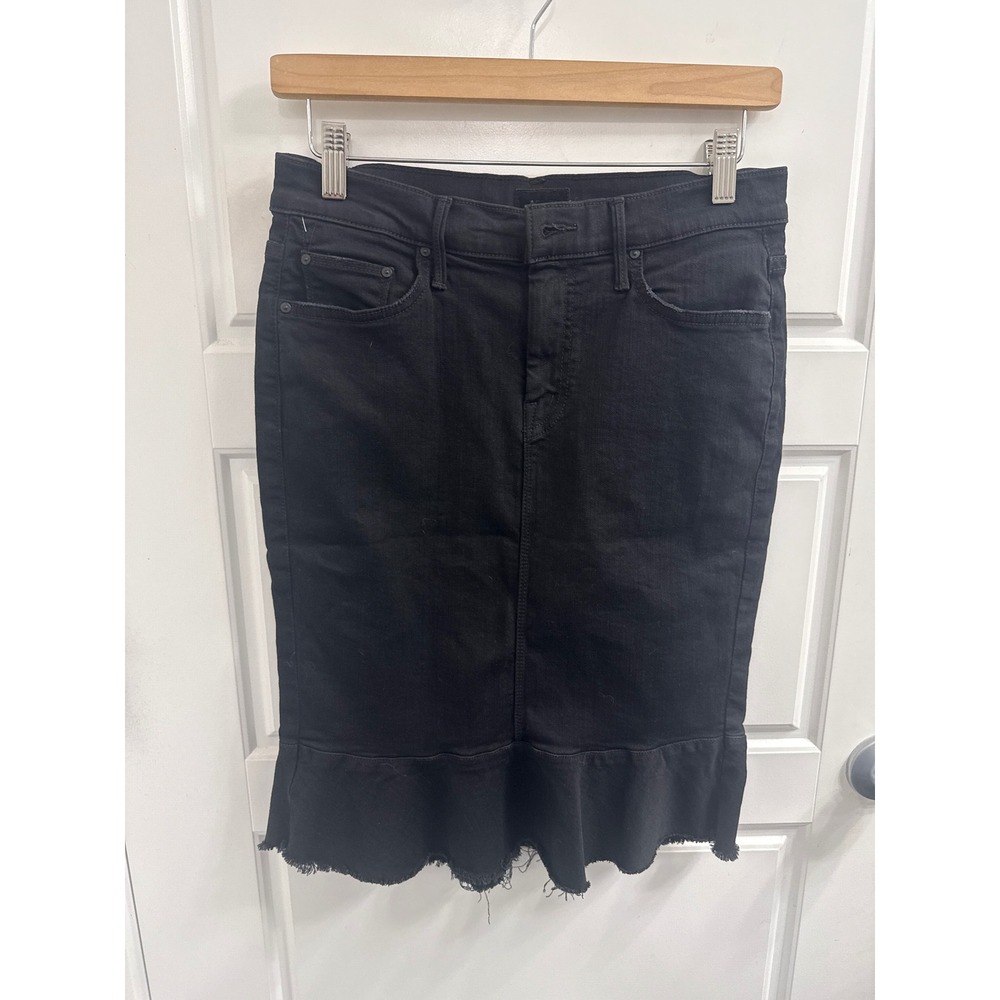 Mother The Cha Cha Fray Skirt Not Guilty Black Denim Ruffle Hem Pencil Skirt 28